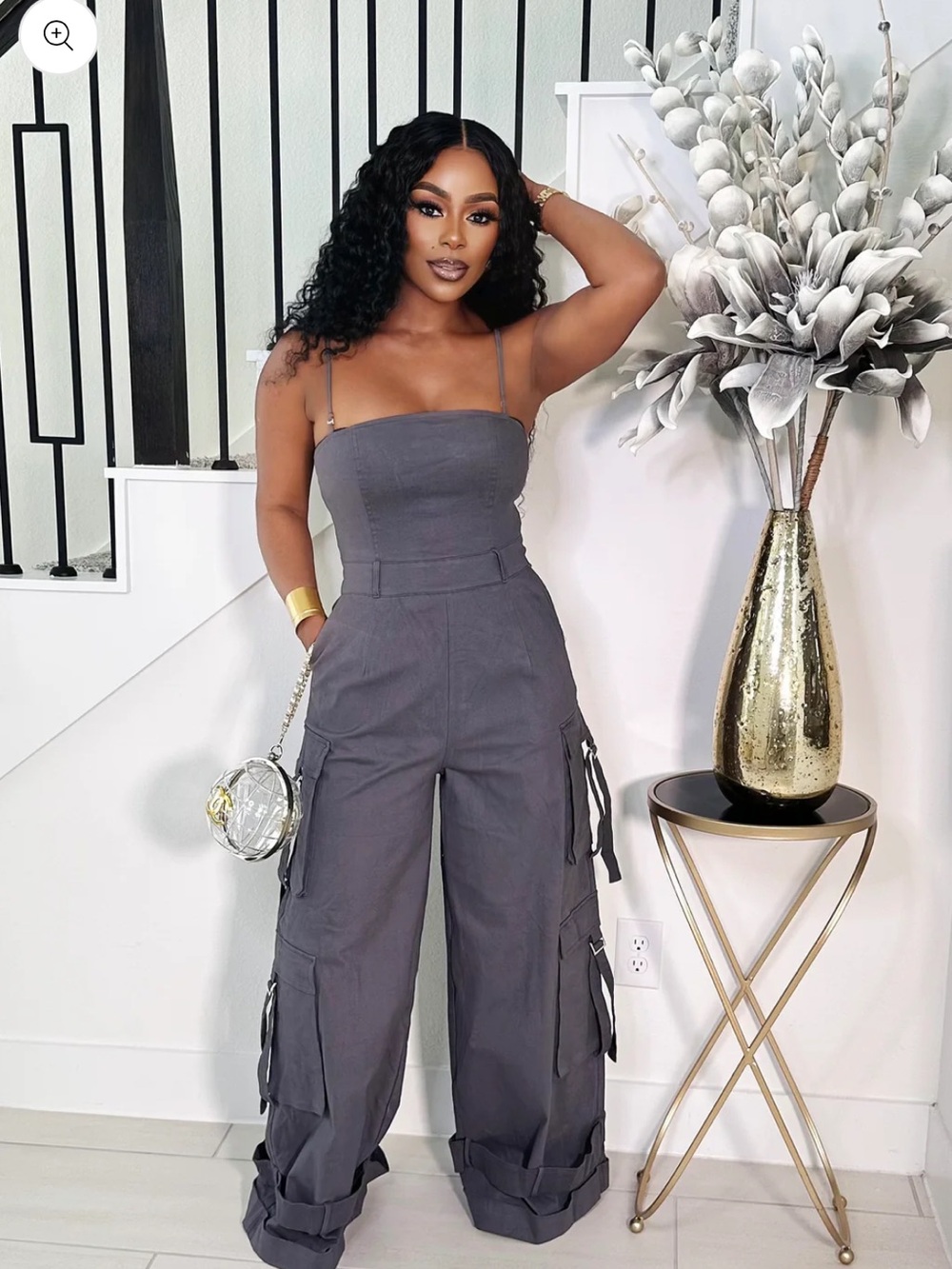 Blush Gray Strapless Wide-Leg Cargo Jumpsuit